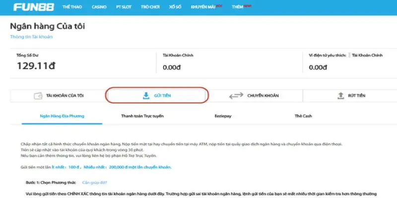 Nạp tiền Fun88 qua chuyển khoản ngân hàng địa phương cung cấp